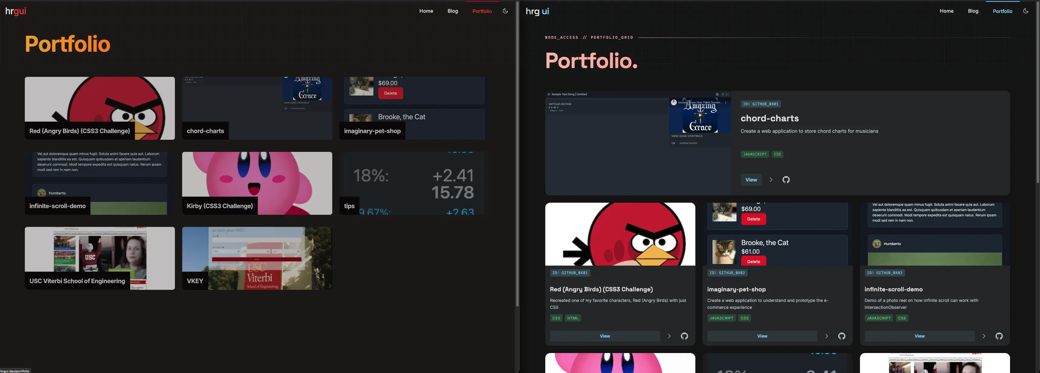 Portfolio index page before and after